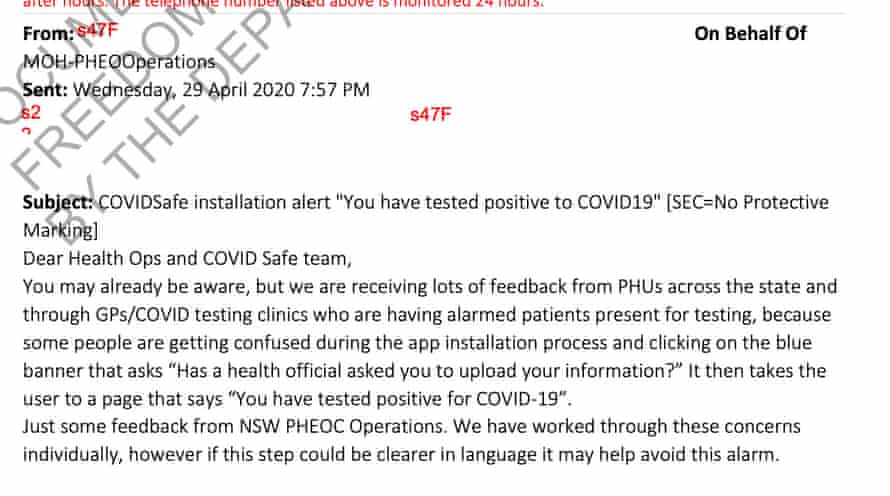 Email from NSW Health officials about Covidsafe app issues