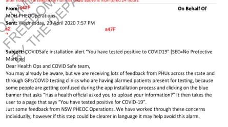 Email from NSW Health officials about Covidsafe app issues