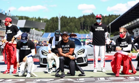 Lewis Hamilton is among those to take a knee before the race in solidarity with the Black Lives Matter movement