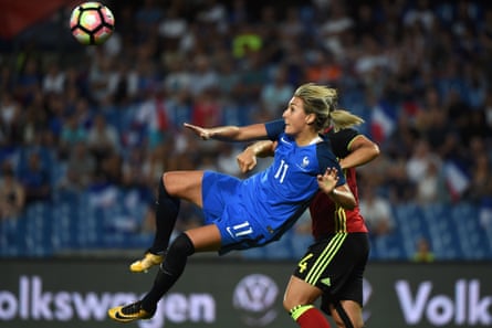 France’s midfielder Claire Lavogez challenges for the ball during the match between France and Belgium on 7 July 2017 at the Stade de la Mosson.