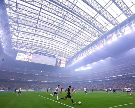 A view of the NRG Stadium roof during a soccer match.