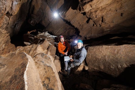 ‘Don’t go down Jacob’s Ladder!’ … film-maker Robert Petit, left, and Stuart Jeffries in Goatchurch Cavern.