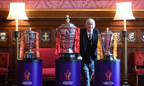 Sir Lindsay Hoyle with the three Rugby League World Cup trophies.