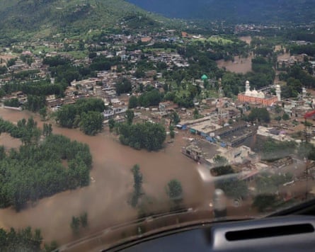 An aerial image shows Buner district submerged in flood water after flash floods