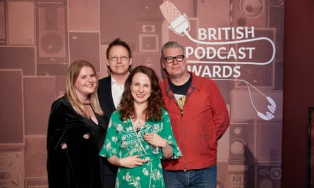 Simon Mayo and Mark Kermode with Griefcast’s presenter Cariad Lloyd, centre, and editor Kate Holland at the British Podcast awards.