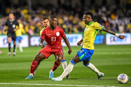 Brazil’s Vinícius Júnior challenges Moisés Caicedo of Ecuador during a World Cup qualifier successful Curitiba.