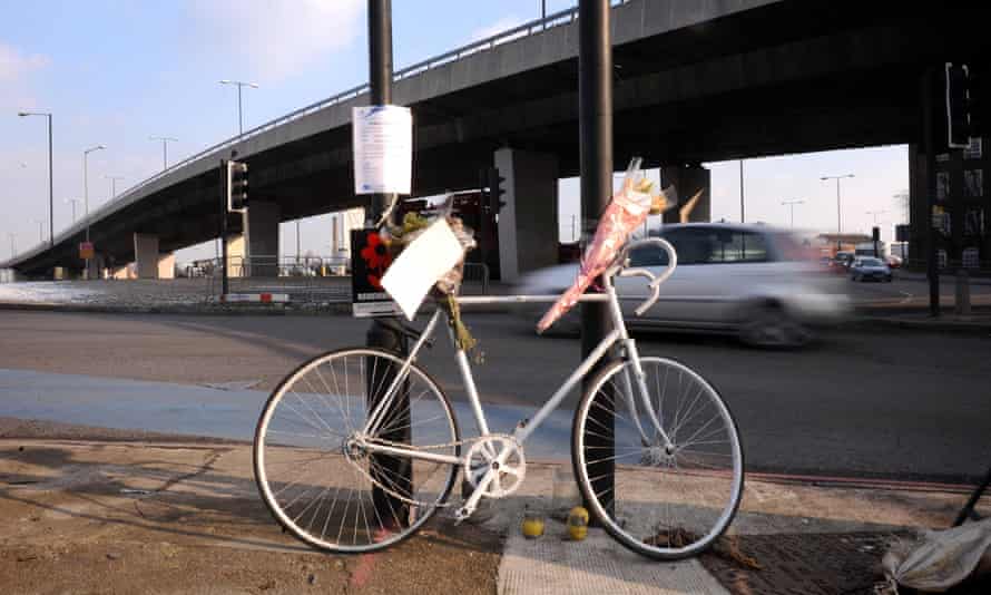 A ‘ghost bike’ memorial to a dead cyclist on the roundabout at the Bow flyover in Bromley-By-Bow.