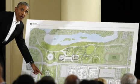 Barack Obama with an outline of the plans for the presidential center in 2017. Over the last six years, the Obama Foundation and the city of Chicago have courted scrutiny over the proposals.
