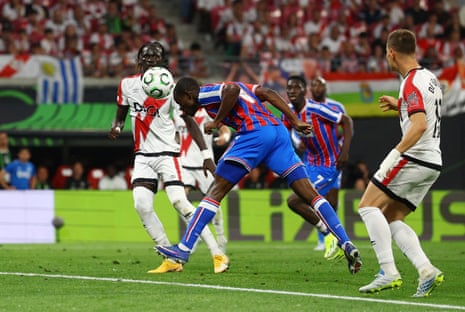 Crystal Palace’s Tyrick Mitchell heads at goal.