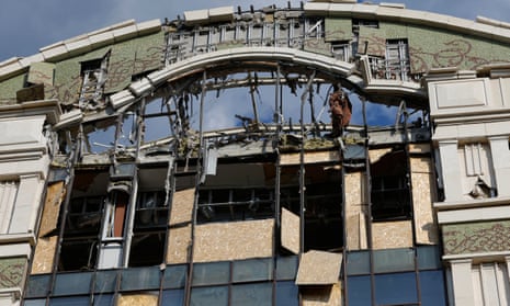 The headquarters building of the Russian-installed local authorities, which was damaged by recent shelling in the course of Russia-Ukraine conflict in Donetsk, Russian-controlled Ukraine.