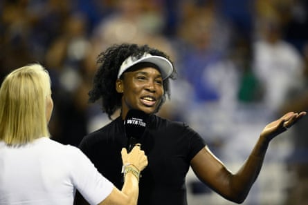 Venus Williams speaks during an interview after her win over Peyton Stearns.