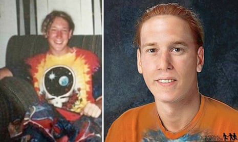 Jason Callahan, dubbed ‘Grateful Doe’, is pictured left; on the right is a computer-generated image circulated by authorities in an effort to identify him.