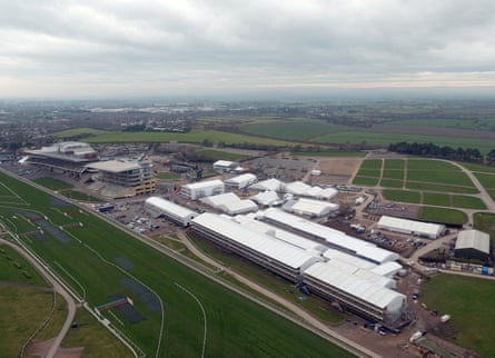 An aerial view of the main Cheltenham stand and finishing straight.