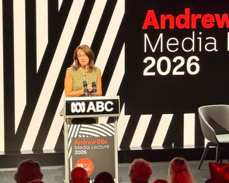 Reuters editor-in-chief Alessandra Galloni delivers the 2026 Andrew Olle Media Lecture at the ABC Studios in Sydney