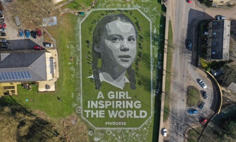 A portrait of Greta Thunberg made with line marker paint in Hebden Bridge, England.