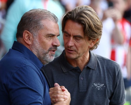 FILE PHOTO: Premier League - Brentford v Tottenham Hotspur<br>FILE PHOTO: Soccer Football - Premier League - Brentford v Tottenham Hotspur - Brentford Community Stadium, London, Britain - August 13, 2023
Tottenham Hotspur manager Ange Postecoglou shakes hands with Brentford manager Thomas Frank before the match Action Images via Reuters/Paul Childs EDITORIAL USE ONLY. No use with unauthorized audio, video, data, fixture lists, club/league logos or 'live' services. Online in-match use limited to 75 images, no video emulation. No use in betting, games or single club /league/player publications. Please contact your account representative for further details./File Photo