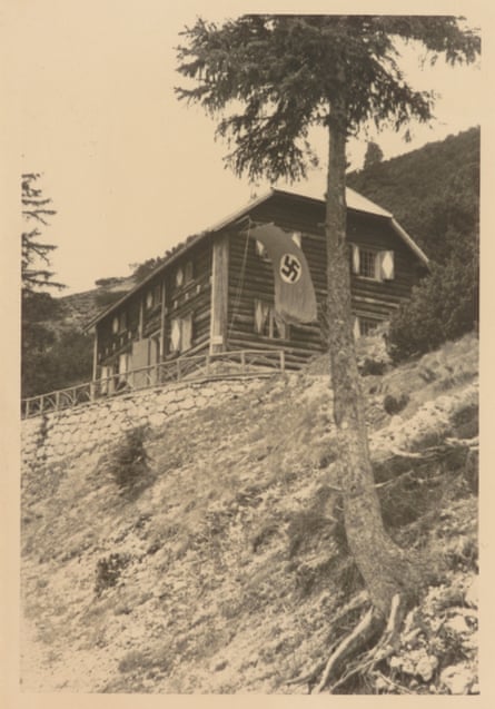 A ski hut with a Nazi swastika flag hanging outside it - year and place unknown