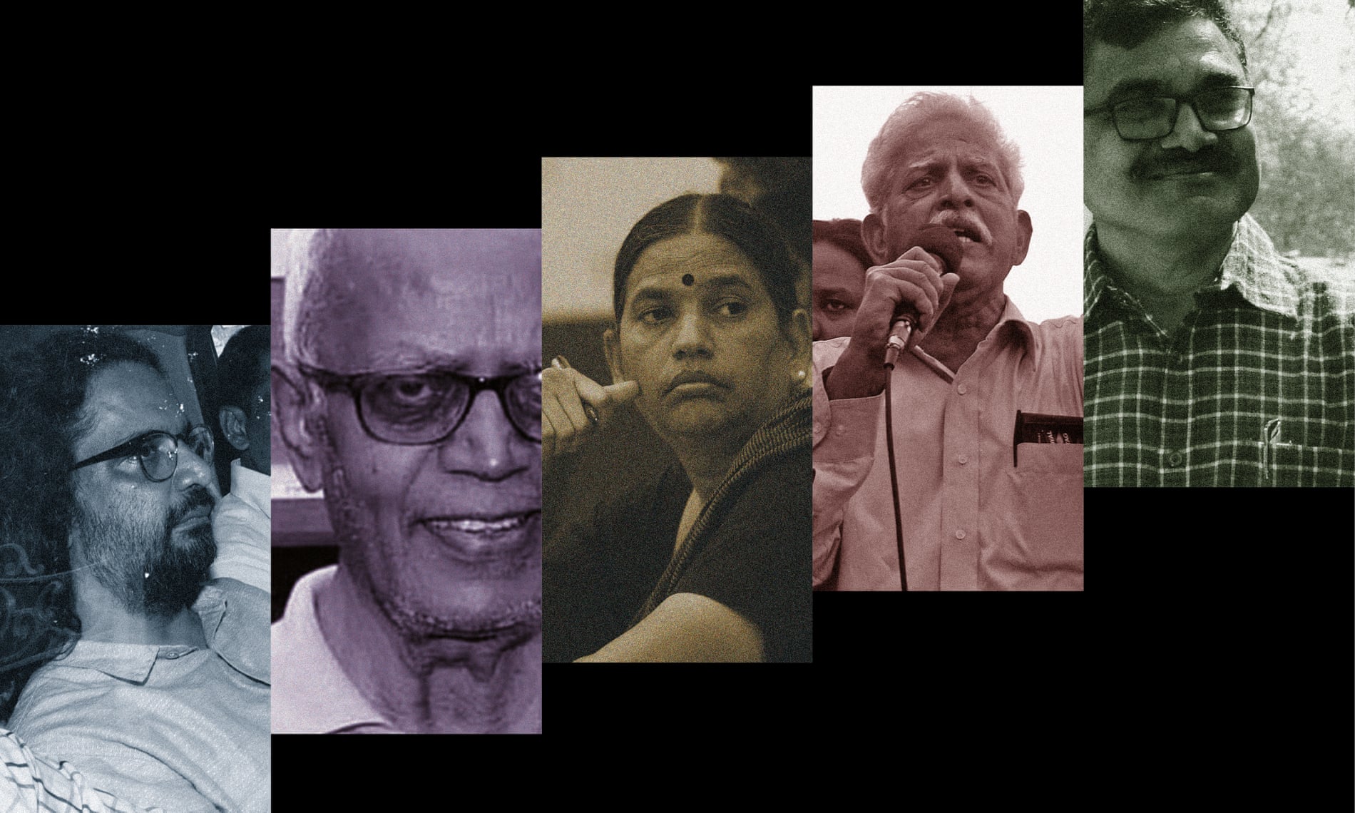 From left: Rona Wilson, Stan Swamy, Sudha Bhardwaj, Varavara Rao and Anand Teltumbde.