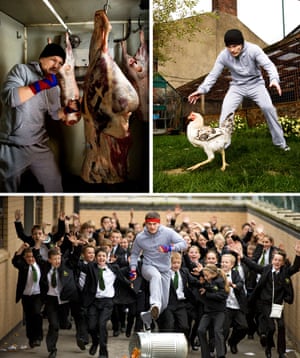 Welterweight boxer Ricky Hatton punches meat, chases a chicken and is chased by children in a photoshoot