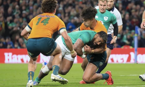 Ireland's Bundee Aki powers over the line to score the crucial try.
