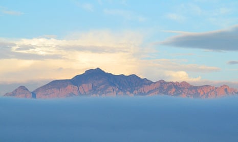 The 8000' Portal Peak in the Chiricahua mountains, one of the sky islands of the basin and range province of southern Arizona and New Mexico surrounded by clouds.
