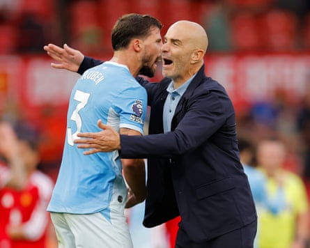 Enzo Maresca celebrates with Ruben DÃÂas after a statement win for Manchester City.