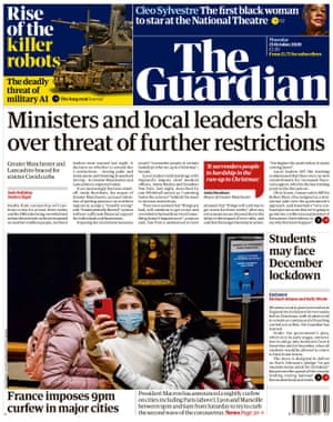Guardian front page, Thursday 15 October 2020