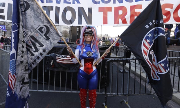 A Trump supporter in a Captain America costume at the Women for America First rally in Washington on 12 December 2020.
