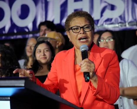 Los Angeles mayor Karen Bass gestures towards supporters while attending her election night watch party as the incumbent runs for reelection in during the California primary election on 2 June