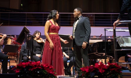 Thando Mjandana (right) duets with Parvathi Subbiah at the Voice of Black Opera competition.