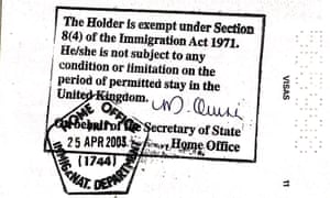 Home Office stamp granting permission to remain in the UK.