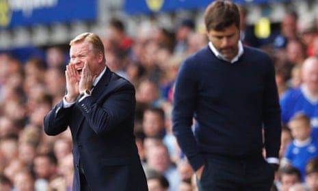 Ronald Koeman, left, and Mauricio Pochettino of Spurs will be in opposition on Saturday, as they were in August 2016 for the Dutchman’s first game in charge of Everton. The match finished 1-1.