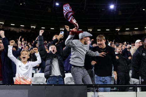 West Ham fans celebrate their second goal against Bournemouth.