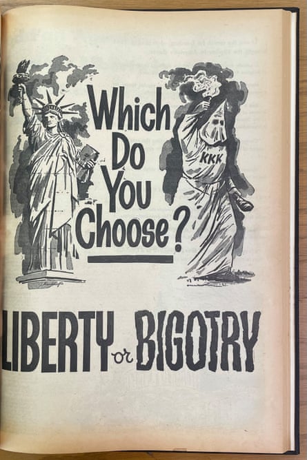 The image shows the Statue of Liberty and a KKK member, with the slogan: Which do you choose, freedom or fanaticism