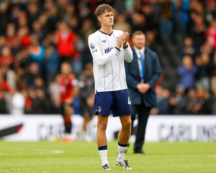 Harrison Armstrong applauds the fans who sang for him during the Premier League match between Bournemouth and Everton