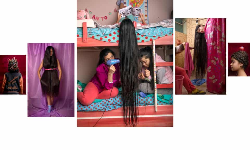 A composite of images of Antonella Bordon with her mother and sister helping to care for and style her long hair.