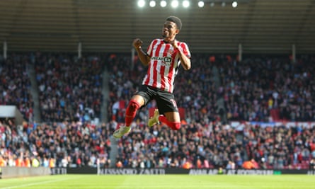 Amad Diallo leaps in the air as he celebrates scoring for Sunderland against Birmingham City at the Stadium Of Light