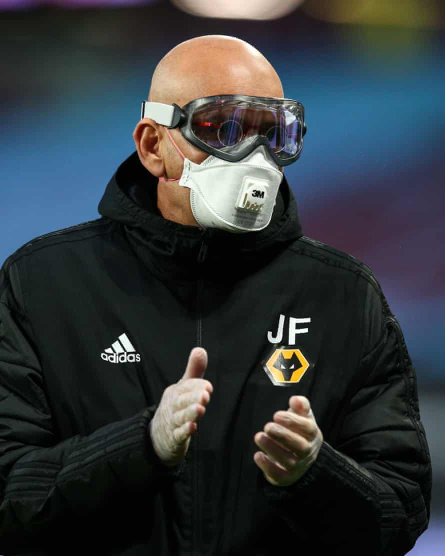 Julio Figueroa, first team coach of Wolverhampton Wanderers, wearing PPE before the match with West Ham.