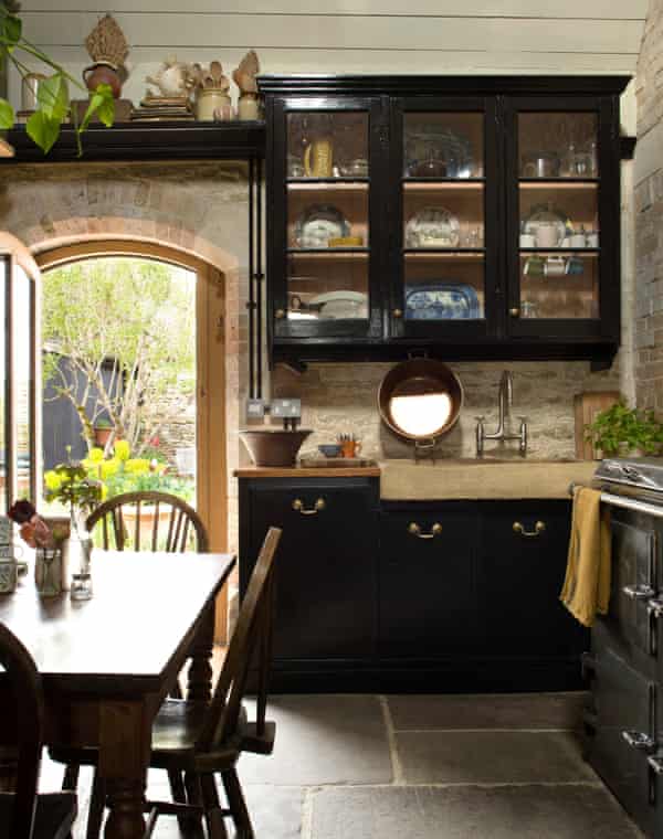 The kitchen, with its woodwork and reclaimed cupboards.