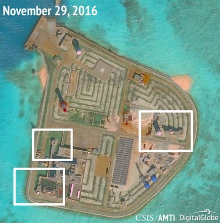 Apparent weapons systems on Johnson Reef in the South China Sea.