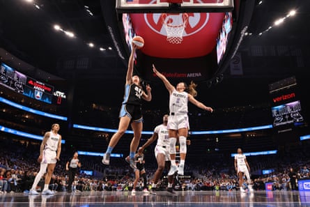 Atlanta’s Isobel Borlase shoots over Golden State’s Kaitlyn Chen during the third quarter of Game 3 of the WNBA finals at State Farm Arena.