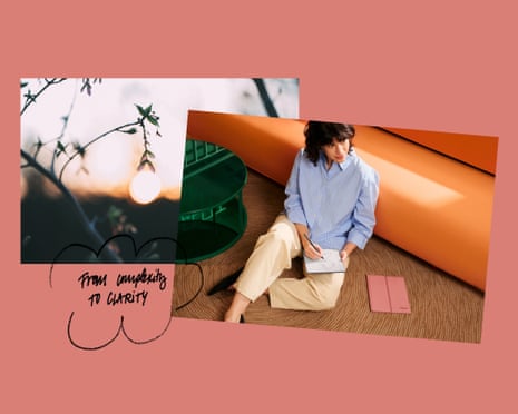 A collage shows a sunset through tree branches beside a woman sketching on a reMarkable tablet near a rolled orange mat