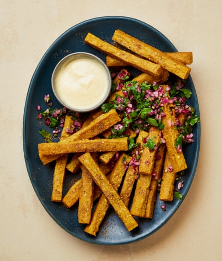 Yotam Ottolenghi chaat masala with chickpeas and polenta fries with chickpea mayonnaise.