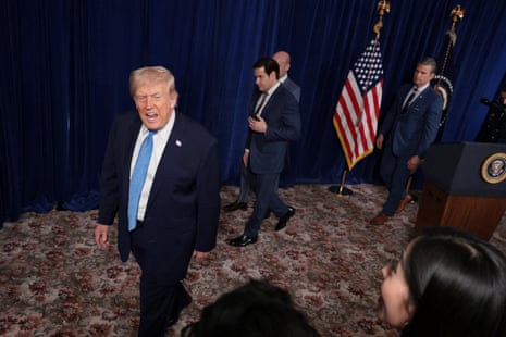 Donald Trump leaving the press conference moments ago, followed by Marco Rubio, Stephen Miller and Pete Hegseth.