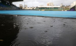 Rain falls at Scotstoun Stadium where Scotland and England’s women’s Six Nations match, due to take place on Sunday, has been postponed.