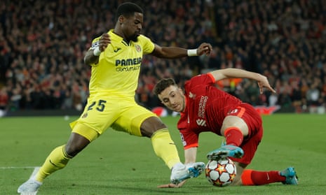 Serge Aurier plays for Villarreal against Liverpool in last season’s Champions League semi-final