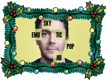 Composite of a head shot of writer David Shariatmadari with blocks of letters around his face and a holly and Christmas lights frame
