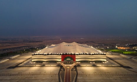 An aerial view of Al Bayt stadium, Qatar, at sunrise.