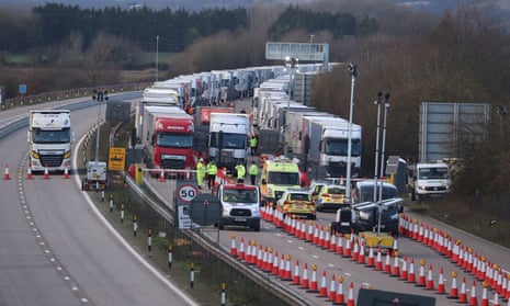 The front of the line of lorries in Operation Brock on the M20 near Ashford in Kent on Christmas Day