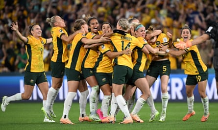 The Matildas celebrate after the shootout.